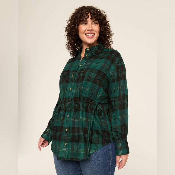 Lane Bryant Plaid Tie-Waist Button Down Tunic Top Green Gold Shimmer 22/24 Soft - Picture 12 of 16